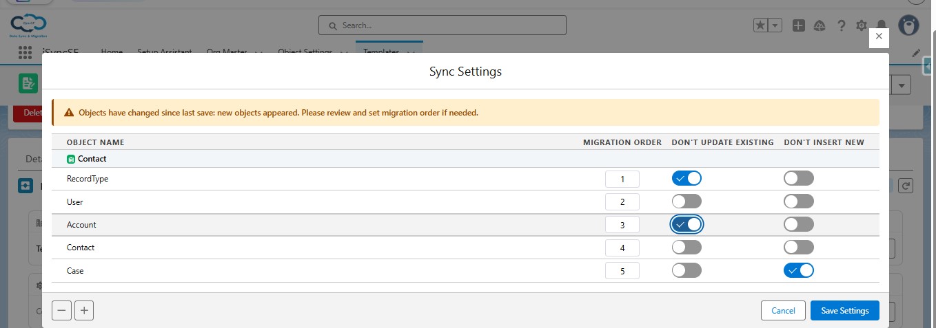 iSyncSF Sync Settings migration order table with insert and update toggles per Salesforce object
